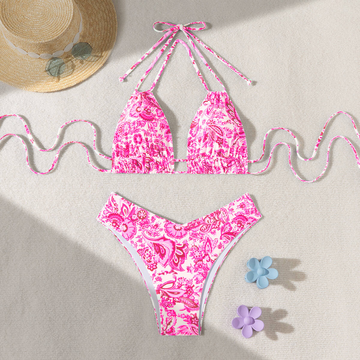 Solid Color Lace Up Adjustable Halter Top Sexy V Shaped Bottom Bikini